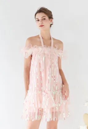 Neckholder Off-Shoulder Pailletten Mesh Cocktailkleid