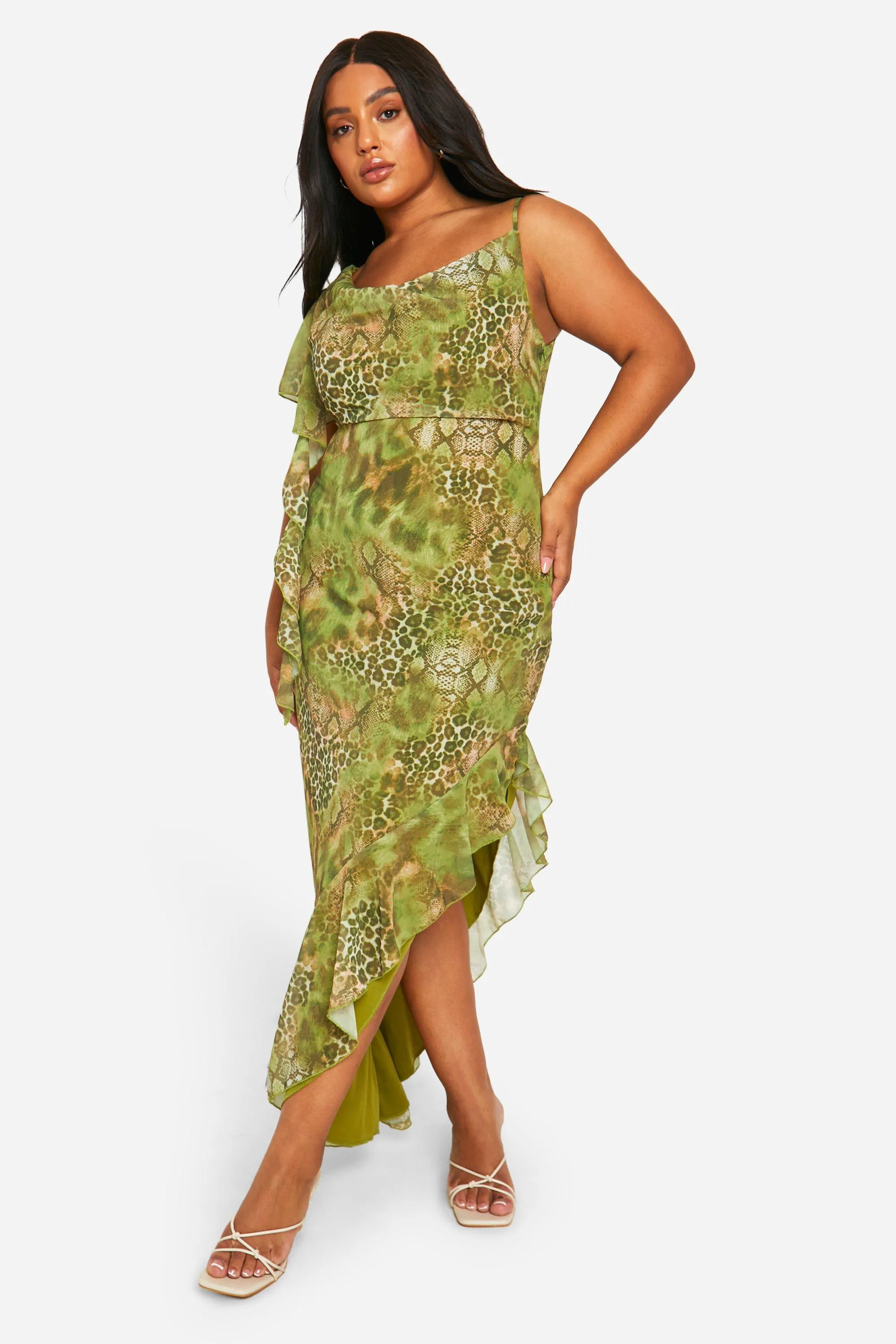 Plus Rüschen-Maxikleid mit Schlagenprint