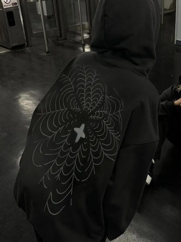 Übergroßer Kapuzenpullover mit Spinnennetz-Print für Herren